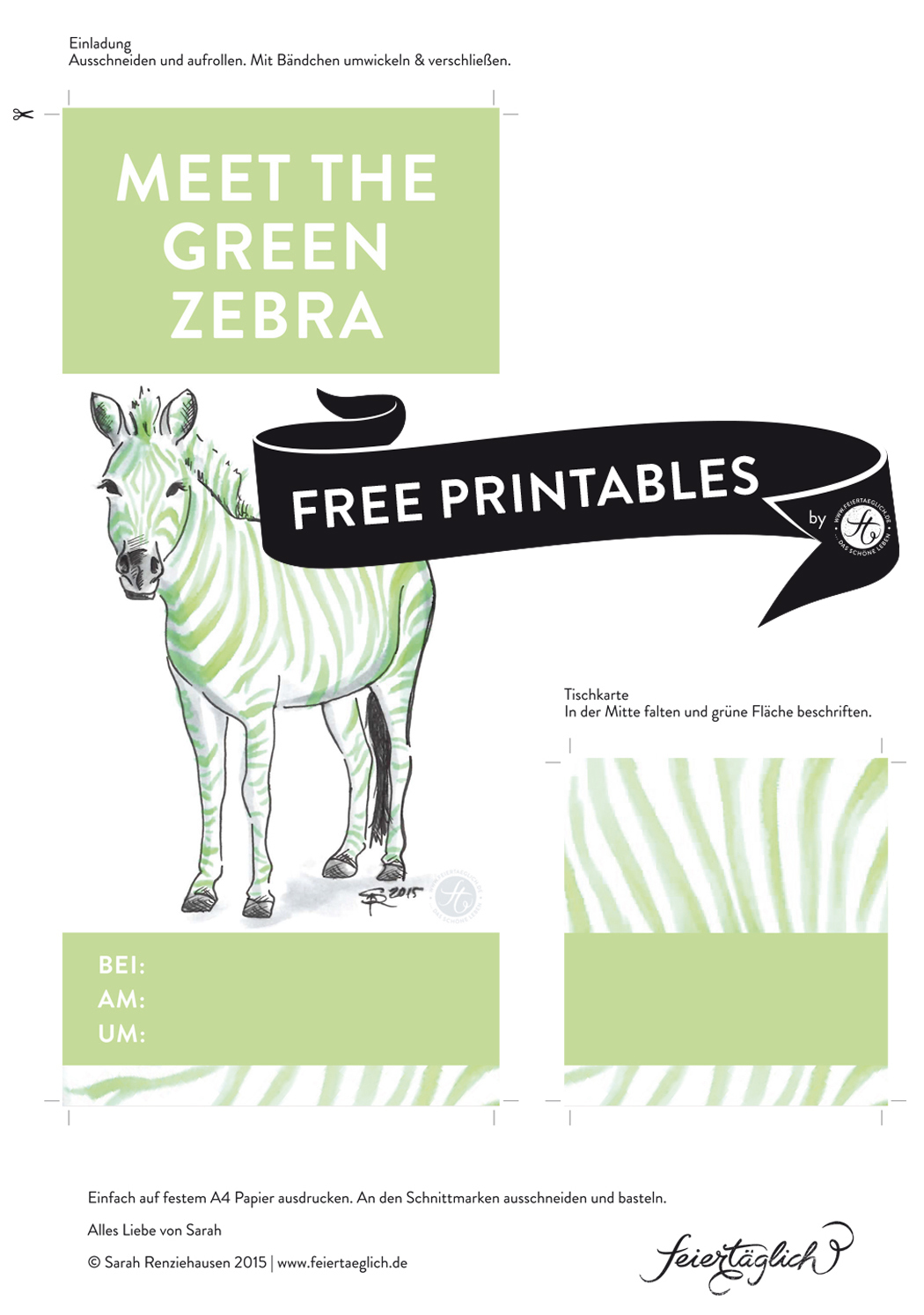 Einladung, Tischkarten, Green-Zebra-Party, Free Printables, Rezept für Kokos-Matcha-Green-Zebra Kuchen, Rührkuchen #meetthegreenzebra #ichbacksmir