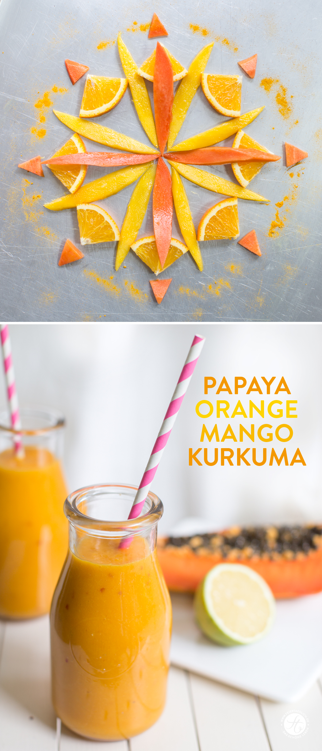 Papaya-Orange-Mango-Kurkuma Smoothie zum #Smoothiemontag,ein sonniger Start in den Tag, Rezept von feiertäglich.de