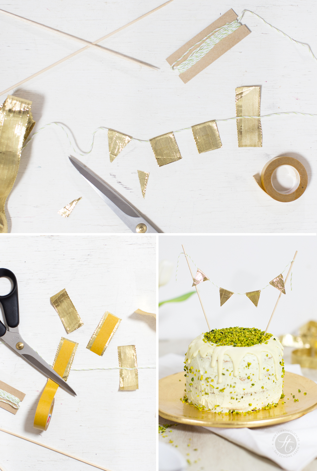 Pistazien-Torte mit Pistazien-Mascarponecreme und weisser Schokolade + DIY Wimpelkette –ein Traum in Pastellgrün und Gold // feiertäglich.de