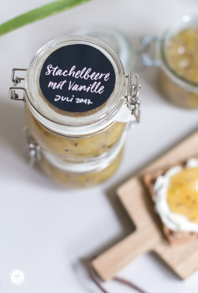 Stachelbeer-Vanille-Marmelade ohne Zucker, Rezept & frei printable Labels