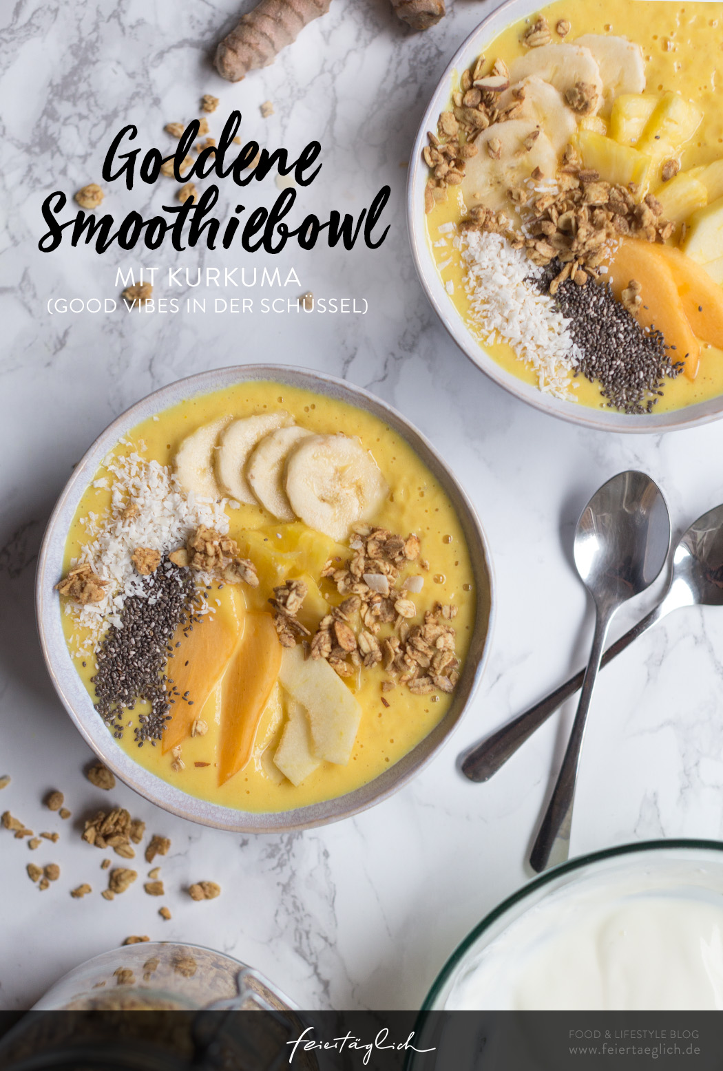 Goldene Smoothiebowl mit Kurkuma, die nach Sonne und guter Laune schmeckt, Good Vibes in der Schüssel