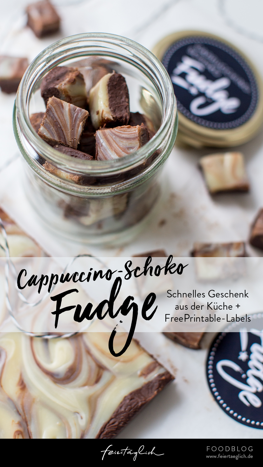 Cappuccino-Schoko-Fudge, schnelles Last-Minute Geschenk aus der Küche. Rezept und Free Printable Labels
