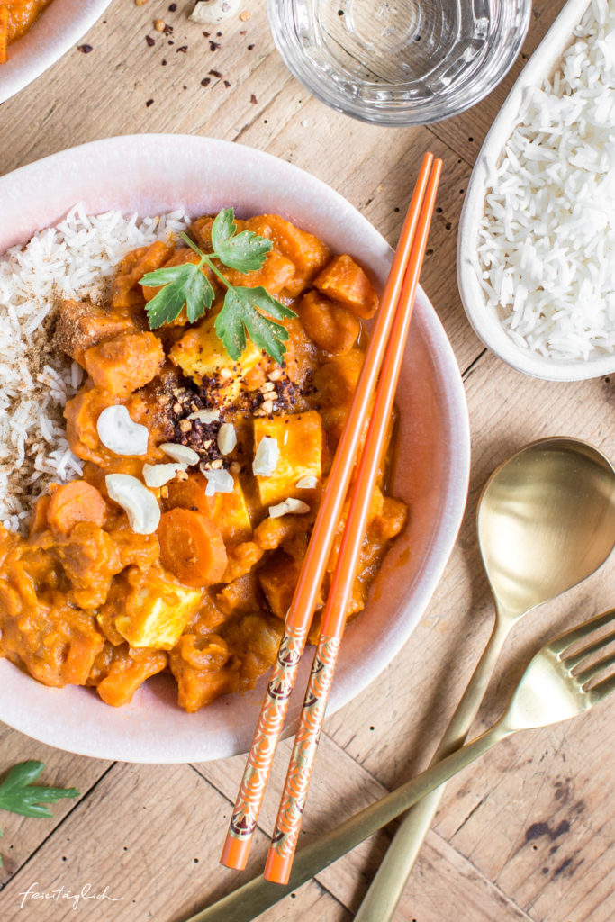 Süsskartoffel-Karotten-Curry mit selbst gemachtem Paneer, Rezept