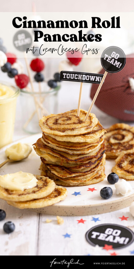 Fluffige Cinnamon Roll Pancakes mit CreamCheese Guss zum Super Bowl mit fertigem leif Pancake Teig 